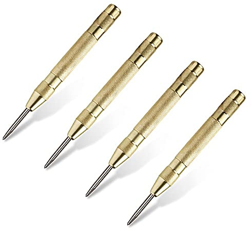 PAMISO 4 Pack Automatic Center Punch, Pamiso 5.1 Inch Spring Loaded Drill Punch Tool,Brass Window Spring Punch Tool, Fixed Point & Car Window Glasses Break