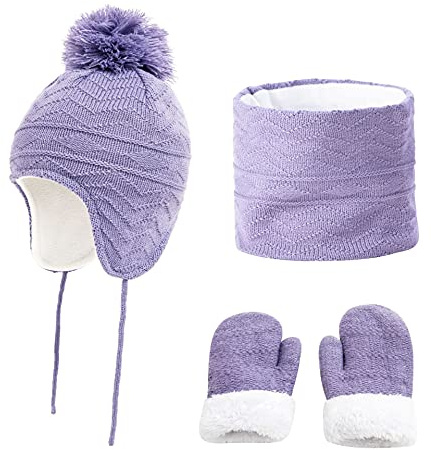 JFAN Set Bufanda Guantes Gorro Punto pompon Invierno para Niños y Niñas