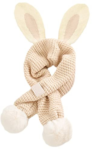 Kaninchenohren Kinderschal Baby gestrickter Kreuzschal weiße Pelzkugeln niedlich weich warm Halswärmer Schals für Mädchen Jungen, beige, One size