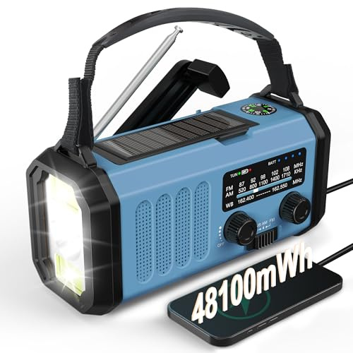 Portable Solar Radio, Dynamo Crank Emergency Radio with 10,000 mAh Power Bank for USB Connection, Battery Operated AM FM Radio, 3 Modes LED Torch, Loud SOS Siren, Best Outdoor Camping Survival Kit