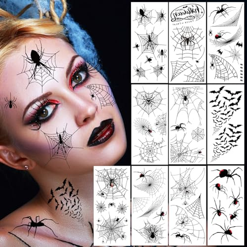 IWTBNOA Spinnen Tattoo Halloween, 10 Blätter Halloween Tattoo Gesicht, Spinnen Temporäre Tattoos, Spinnen Gesichtsaufkleber, Spinnennetze Gesicht Tattoos Aufkleber für Halloween Masquerade Karneval