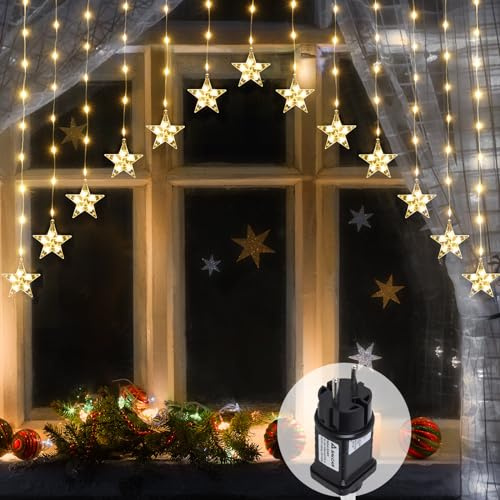 SALCAR - Cortina luminosa de estrella LED de 3 m, 222 LED con 16 estrellas LED, decoración de ventana, estrella LED con temporizador, iluminación navideña para Navidad, balcón, fiesta, boda, blanco