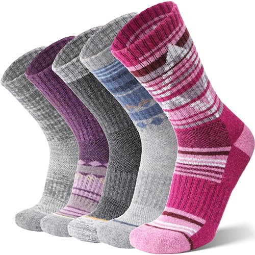ANTSANG Unisex Merino Wool Hiking Walking Socks for Men Thermal Warm Winter Thick Cozy Crew Work Boot Socks Stocking Stuffers 5 Pairs(Rose/Purple/Grey,7-11)