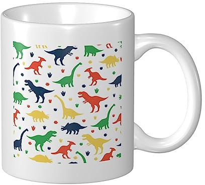 RFSHOP Premium Vector Dinosaurios y huellas dibujos animados patrón sin costuras taza de café taza de té de cerámica con asa tazas grandes para el hogar cocina oficina 330ml