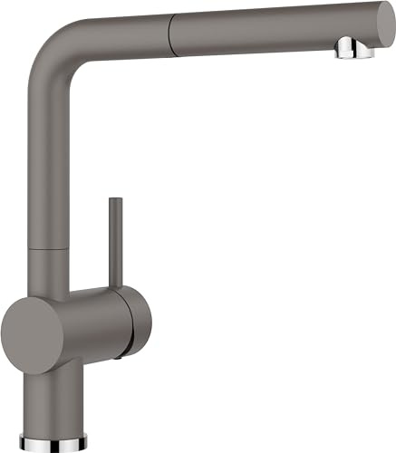 BLANCO LINUS-S | Küchenarmatur in vulkangrau | Mit herausziehbarem Schlauch | [11x26,6x28,2 cm] | Gesicherte Wasserqualität & wassersparend | Rückflussverhinderer | Keramik Kartusche | Hochdruck