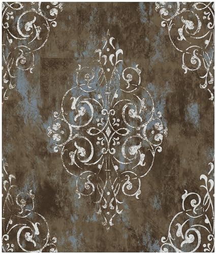 HAOKHOME Vintage Peel and Stick Wallpaper Damask Brown/Beige/Teal Vinyl Stick on Wall Paper for Bathroom Bedroom Home Decor 17.7in x 9.8ft