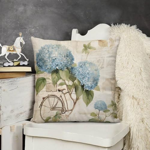 HighonHi Farmhouse Pillow Covers 22 x22 Blue Bike Vintage Hydrangea Velvet Square Decorative Throw Pillow Covers Blue Hydrangea Bicycle Flowers Summer Spring Mother's Day Pillow Covers
