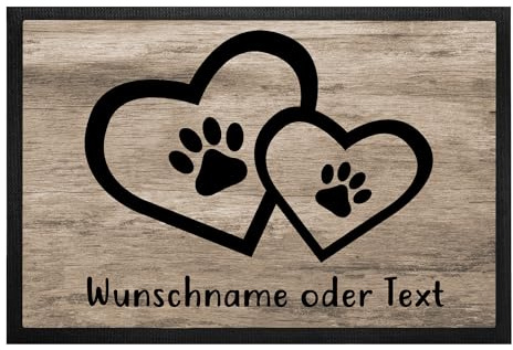Fußmatte für Hundebesitzer „Herz und Pfote“ mit Namen | personalisiert | rutschfest | Waschbar (Holzoptik mit schwarzer Schrift)