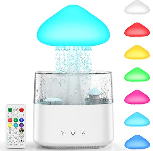 Cloud Rain 450ML Water Drip Mushroom Humidifier With Remote Control, 7 Colors Mood Light, Raindrop Design for Bedroom