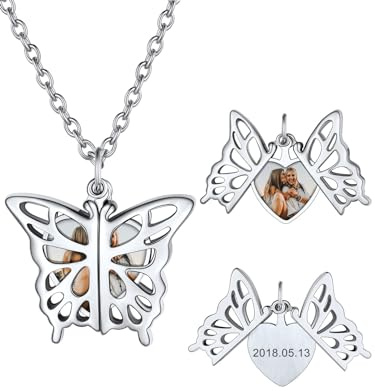 U7 Damen Halskette Medaillon zum Öffnen für Bilder Herz Anhänger mit Engelsflügel/Rose/Schmetterling Kupfer Fotokette mit Gravur Locket Memorial Fotoanhänger Personalisiert Modeschmuck für Geburtstag