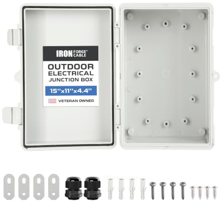 Iron Forge Cable 16x12 in Outdoor Junction Box - Light Gray, Waterproof | ABS Plastic Enclosure, 16x12 In, Waterproof, w/ Brackets & Cable Glands - For Outdoor Electrical Projects