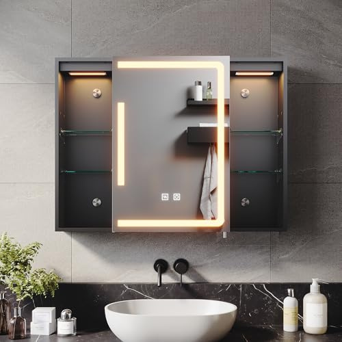 ELEGANT 800x600mm LED Bathroom Mirror Cabinet with Shaver Socket Black Mirrored Cabinet with Three-Color Infinitely Dimmable Wall Mounted Mirror Cabinet with Demister 2 Open Storage Adjustable Shelf