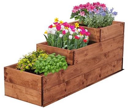 MODO24 Hochbeet Holz, 3-stufiger, Blumenkasten 36x30x93 cm, Braun | Komplettes Anzuchtset inkl. Schrauben, Dekoratives Gemüsebeet, Kräuterbeet & Blumenkasten für Garten und Terrasse