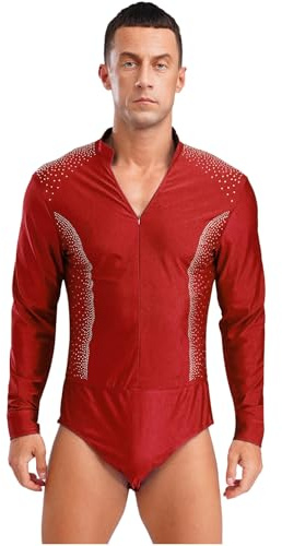 CHICTRY Body da Ballo Latino Americano Uomo Manica Lunga Jumpsuit Camicia con Scollo a V Balletto Body Leotards Danza Classica Abtio da Pattinaggio Artistico Rosso M