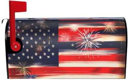 Firework American Flag 4Th of Julys Print Personalized Mailbox Cover Magnetic Protector with Artistic Print Outdoor Mailboxes Decor