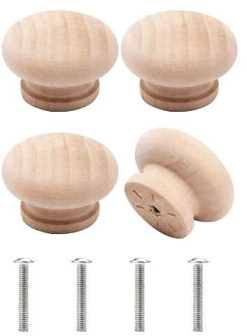 Lunpog 4 Pcs Wooden Cabinet Knobs with Screws, 30mm Diameter Lacquered Pine Knob, Mushroom Drawer Knob, Drilled for Screws or Dowels, Cabinet and Drawer Knobs for Cupboards