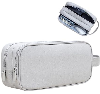 Teskyer Cable Organizer Bag, Waterproof, Double Layer, Portable Tech Bag, Travel Essentials, 23.5 x 12 x 9 cm, Light Grey
