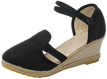 IQYU Sandaler kilklack damer sommar sandaletter elegant främre stängda ventilerande kilsandaletter pendlare fritidssandaler linne strandsandaler lätta tofflor, Aaskwarz, 40 EU