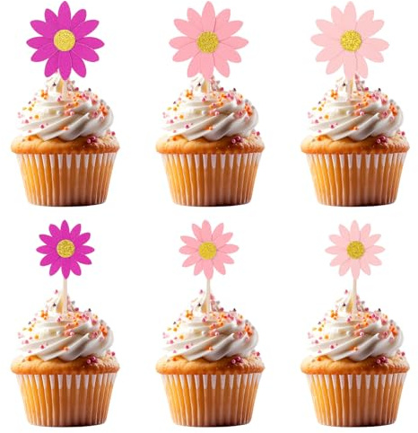 24Pcs Daisy Cake Decorations,Chrysanthemum Cupcake Toppers,Daisy Cupcake Toppers,Edible Flowers Cupcakes Topper,Spring Flower Cake Picks for Birthday Wedding Supplies Rose Red Pink