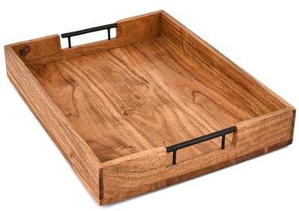 Kimona Plateau de service rectangulaire en bois d'acacia avec poignées en fer, design décoratif et durable, décoration de ferme élégante (40,6 x 30,5 x 5,1 cm)
