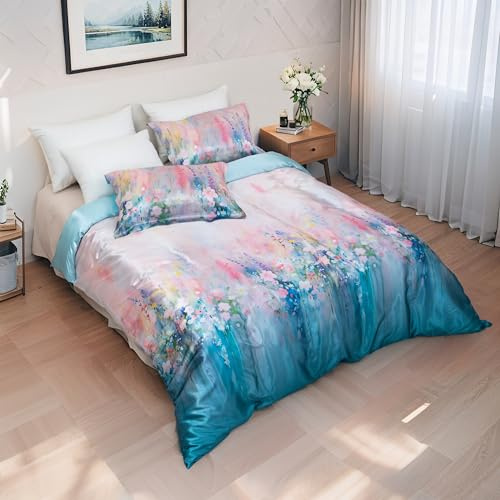 RACEKISH Watercolor Floral Bedding Set King, Soft 3-Piece Duvet Cover Set with Pastel Gradient Design, Light Blue and Pink, Washed Cotton, King Size
