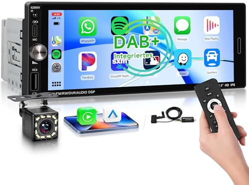 [DAB+] Rimoody Autoradio 1 Din mit Wireless Carplay Android Auto, 6.9 Zoll 1 Din Bluetooth Autoradio Kompatibel mit IPS-Bildschirm mit FM EQ USB/Typ C mit DAB-Antenne Lenkradsteuerung Rückfahrkamera