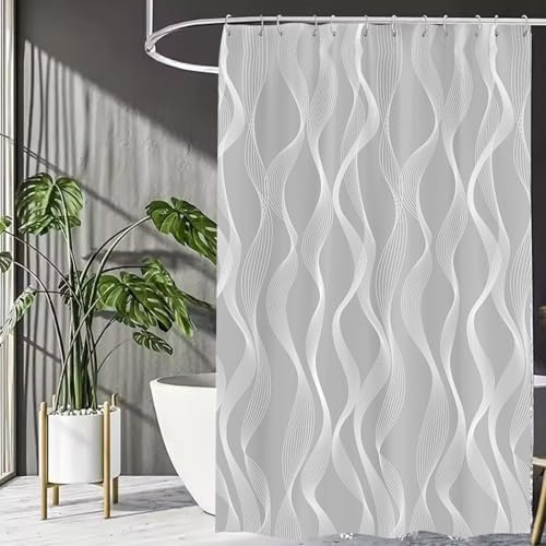 Duschvorhang 180×200 cm - Shower Curtain Badevorhang Polyester geometrische Linien Duschvorhang Anti-Schimmel Wasserdichter Schnelltrocknend Waschbar mit 12 Duschvorhangringe für Badewanne (Grau)