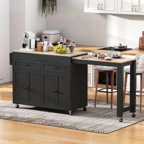 Isola della cucina su ruote con cassetto, porte e piano di lavoro estraibile – Carrello da cucina mobile con spazio di archiviazione, portaspezie e uso flessibile per cucina e sala da pranzo (nero)
