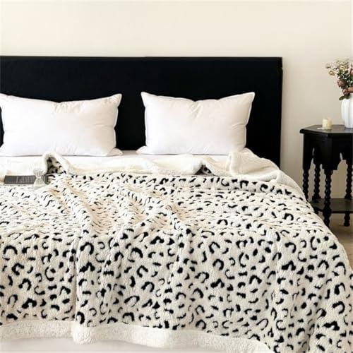 Highdi Couverture Sherpa Canape, Imprimé léopard Jeté de Canapé Réversible, Couverture Polaire Epaisse Hiver, Plaid Fourrure Polaire pour Chambre à Coucher, Lit Couette (Blanc,180x200cm)