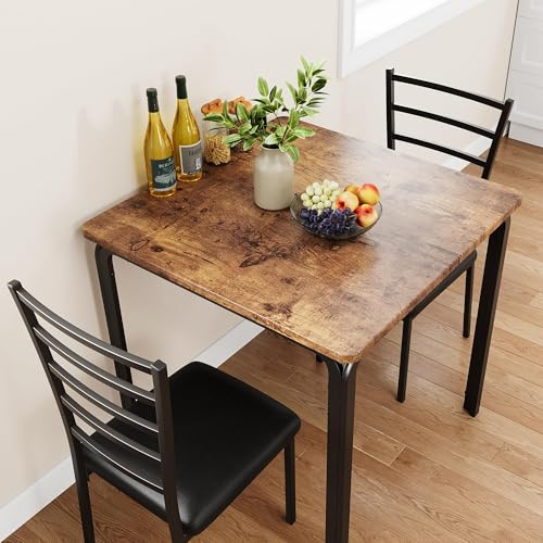Salutmeuble 3-teiliges Küchentisch-Set, Tisch und Stühle für 2, quadratischer Esstisch aus Metall und Holz mit 2 gepolsterten Stühlen, Esstisch für kleine Räume (Braun+schwarz 2)