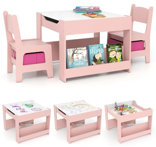 COSTWAY Kids Table and Chairs Set, Wooden Toddler Activity Tables with Reversible Tabletop, Bookshelves, Storage Bins, 3-Piece Children Furniture for Boys Girls (White+Pink, 61x61x48cm)