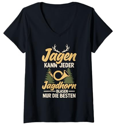 Damen Jagen kann jeder Jagdhorn Blasen Jagdhornbläser Jäger T-Shirt mit V-Ausschnitt