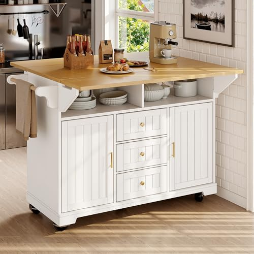Isla de cocina con 2 encimeras plegables, carrito de cocina con ruedas, armario de cocina independiente con 3 cajones, 1 toallero, 1 estante para especias, 142,5 x 40 x 95 cm (largo x ancho x alto