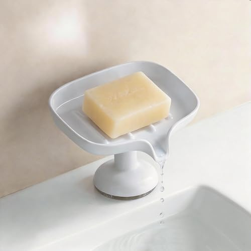 PAVSTINE Soap Dish with Drainage, Suction Soap Dish Powerful, 15-Degree Angle, Soaps Holder ABS Material, Soaps Tray for Shower, Vanity, Kitchen Countertop, White