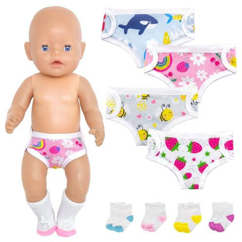 4 Stück Puppenwindeln 4 Paar Puppensocken für Baby Puppen 14-18 Zoll, Puppenzubehör mit Tiermotiven Wiederverwendbar Puppenunterwäsche Baby Windeln für 35-43 cm Puppen ,Geschenke für Kinder