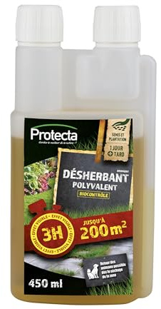Protecta® Désherbant Polyvalent Concentré Jardin à l’Acide Pélargonique – Mauvaises Herbes & Mousses – Jusqu’à 400 m² – Action Rapide Visible en 2-3h – Bidon Autodoseur (450 ml)