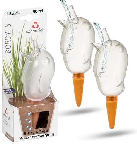 Scheurich Wasserspender S Bördy | 2 x Klar | 90ml Füllmenge | Bewässerungskugel klein mit Ton Fuß | Wasserspender Pflanzen und Blumen Terrakotta Stiel