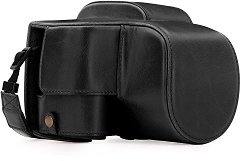 MegaGear Panasonic Lumix DC-FZ80, FZ82 Ever Ready Leder Kamera-Case mit Trageriemen und Batteriezugang schwarz MG1223
