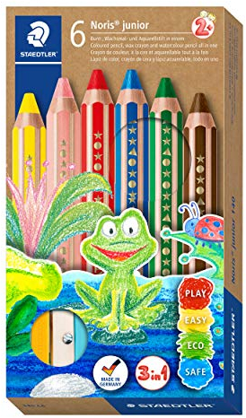 STAEDTLER 3in1 Buntstift Noris junior (Bunt-, Wachsmal- und Aquarellstift, extra bruchsicher, ideal für Kinder, für viele Oberflächen, Kartonetui mit 6 Farben inkl. Spitzer), 140 C6