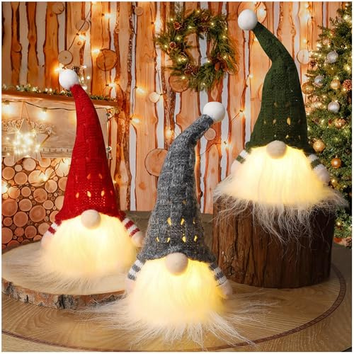 Juegoal Christmas Gnomes Decor, 9 Inch Lighted Handmade Mini gnome Scandinavian, Light Up Swedish Tomte Elf Holiday Present, Battery Operated Xmas Gifts Table Ornaments Dinner Party Supplies, Set of 3
