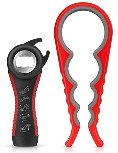 MAEXUS Flaschenöffner, Dosenöffner mit Verschluss, 5-in-1 Deckelöffner Schraubgläser & 4-in-1Glasöffner Schraubdeckelöffner, Drehverschlussöffner Hilfe Schwache Hände Arthritis (2 Stück, Rot)