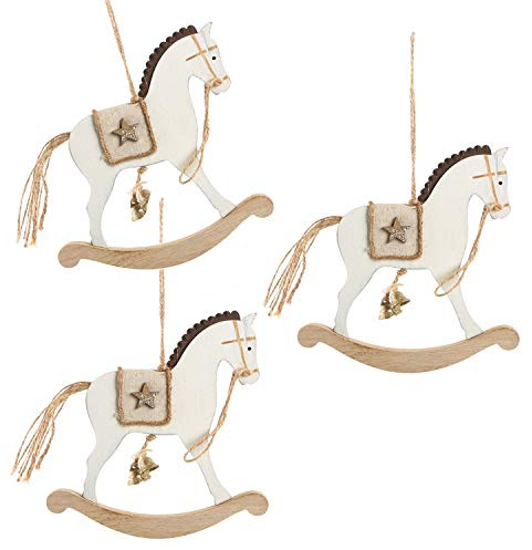 Logbuch-Verlag 3 Holzanhänger Weihnachten Schaukelpferd Weihnachtsanhänger 17 cm aus Holz Pferd Deko weiß beige Baumschmuck nostalgisch
