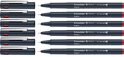 Schneider Pictus Fineliner (Strichstärke 0,1 mm, dokumentenechte Pigmentliner, metallgefasste Spitze, Gehäuse aus 85% recyceltem Kunststoff) 6er Pack, rot