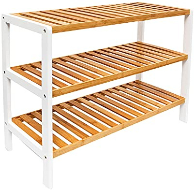 1ABOVE Bamboo Shoe Rack, Plant Rack, Perfect for Corridor, Living Room, Bathroom, Bedroom, Hallway or Small spaces-Parent. (White & Natural, 3 Tier)