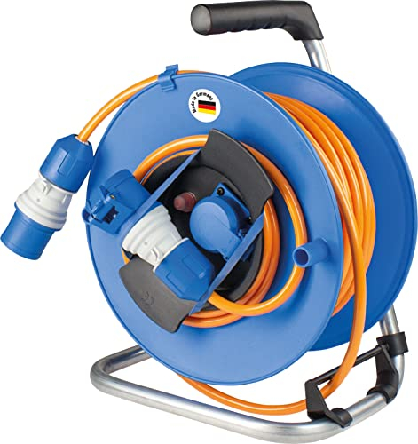 as - Schwabe Camping Kabeltrommel 25 m - Spannungsanzeige - 1,5 m Anschlussleitung mit CEE Stecker - 1 Schutzkontakt- & 1 CEE-Steckdose 230V/16A/3-polig - Outdoor Kabeltrommel - IP44 - Blau, 12272