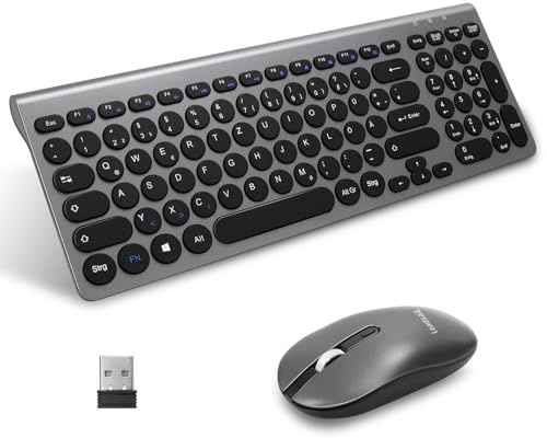 LeadsaiL Set di mouse per tastiera senza fili, mouse ergonomico e tastiera, tastiera wireless PC e mouse, layout tedesco QWERTZ, tasti silenziosi e tasti del mouse, computer portatile, grigio