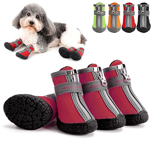 Zunea Pfotenschutz Hundestiefel für Kleine Hunde Wasserdicht rutschfest Welpenschuhe Verstellbar Reflektierend Haustierstiefel Weiche Pfotenschütz Schuhe Chihuahua-Stiefel für Spazierengehen Rot 3#