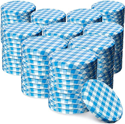 KADAX Jar Lids Ø 82 mm, Secure Metal Lids with Six Threads, Jar Seals Replacement, Twist Off Closure for Pickling and Preserving (Blue Grid, Set of 100)