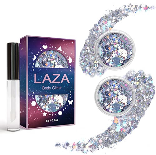 Laza Body Glitter, 2 Jars Holographic Chunky Sequins with Glitter Glue | Perfect for Women Eyeshadow Makeup Face Paint Festival Rave Outfits Hair Accessories Carnival Party Costumes - Laser Galaxy