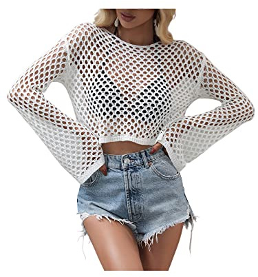Achlibe Hauts courts à découpe pour femme, pull tricoté crocheté à manches longues, couleur unie, ample, décontracté, tricot vintage, Blanc 3, L